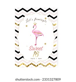 Sweet Sixteen party invitation card with golden glitter elements and a flamingo. Template