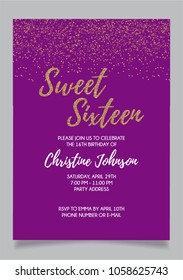 Sweet Sixteen party vector printable invitation card with golden glitter elements