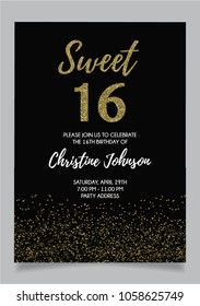 Sweet Sixteen party vector printable invitation card with golden glitter elements