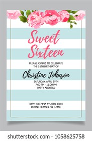 Sweet Sixteen party vector printable invitation card with floral elements