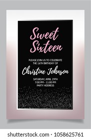 Sweet Sixteen party vector printable invitation card with silver glitter elements