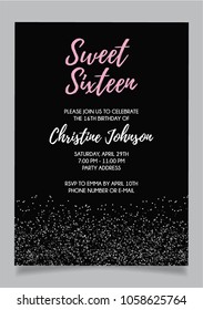 Sweet Sixteen party vector printable invitation card with silver glitter elements