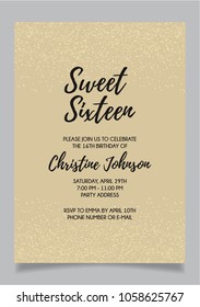 Sweet Sixteen party vector printable invitation card with golden glitter elements