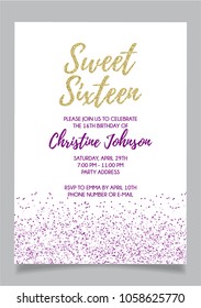 Sweet Sixteen party vector printable invitation card with golden glitter elements