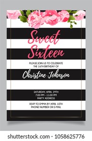 Sweet Sixteen party vector printable invitation card with floral elements