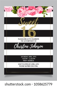 Sweet Sixteen party vector printable invitation card with golden glitter and floral elements