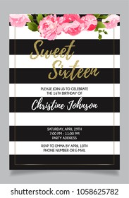 Sweet Sixteen party vector printable invitation card with golden glitter and floral elements