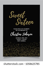 Sweet Sixteen party vector printable invitation card with golden glitter elements