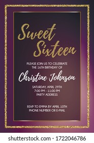 Sweet Sixteen party vector printable invitation card with golden glitter elements