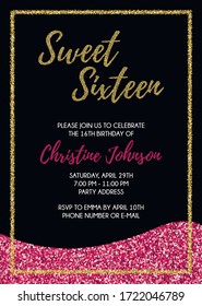 Sweet Sixteen party vector printable invitation card with golden glitter elements