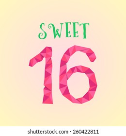 sweet sixteen with polygonal number. concept of birthday celebration, majority, adulthood, sixteenth postcard. isolated on cream background. lowpoly style trendy modern logo design vector illustration