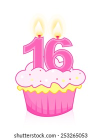 Sweet sixteenth birthday celebration cupcake with candle isolated on white