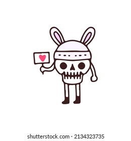 Sweet skull with bunny hat and holding love sign, illustration for t-shirt, street wear, sticker, or apparel merchandise. With doodle, retro, and cartoon style.
