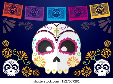 sweet skull and flowers for the day of the dead