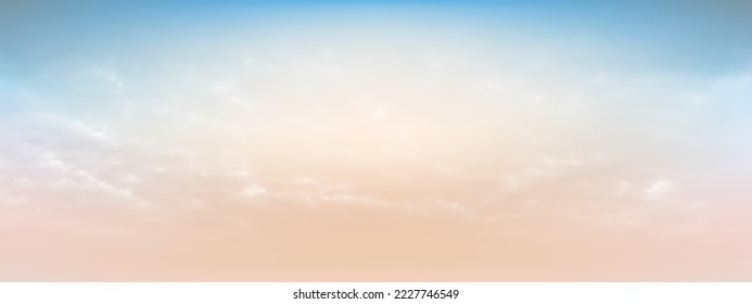 Der süße Himmel und weiße weiche Wolken schweben an einem klaren Tag im Himmel. Schöne Luft und Sonnenlicht mit beigem Wolkenbild bunt. Sonnenuntergang Himmel auf Hintergrund. Blau bis beige Himmelsvektorgrafik.