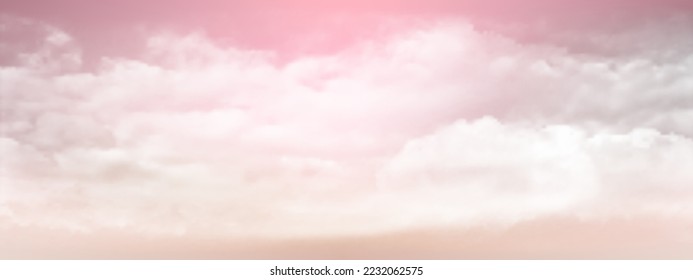 Un día despejado flotó en el cielo un cielo cálido y nubes blancas y suaves. Hermoso aire y luz solar con paisaje de nube beige colorido. El cielo del atardecer como fondo. Ilustración vectorial del cielo rosa a beige.
