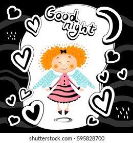 The sweet sleeping girl with wings. Vector character.