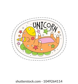 Sweet sleeping unicorn childish patch badge, cute cartoon animal sticker hand drawn vector Illustration on a white background
