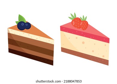 Sweet slice of cake with chocolate, cream and fruits. Dessert vector design illustration