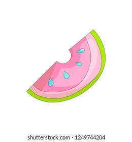 Sweet a slice of watermelon with green skin on white background cartoon icon. Fun cartoon a piece of watermelon icon. Fresh sweet watermelon cartoon icon.