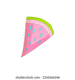 Sweet a slice of watermelon with green skin on white background cartoon icon. Fun cartoon a piece of watermelon icon. Fresh sweet watermelon cartoon icon.
