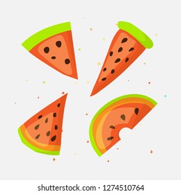 Sweet a slice of watermelon with green skin set on white background cartoon icon. Fun set cartoon a piece of watermelon icon. Set of fresh sweet watermelon cartoon icon.