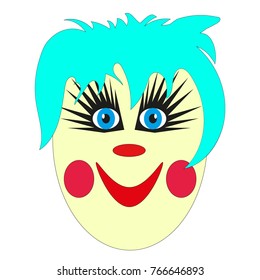 A sweet, slightly frightening face of a clown with blue hair and a red nose on a white background. Vector illustration.