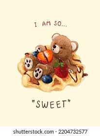 sweet slogan with brown bear doll lying on waffle vector illustration