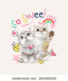 so sweet slogan with cute cats couple and colorful icons vector illustration