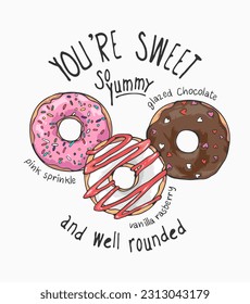 sweet slogan and donut flaveors vector illustration