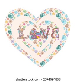 Sweet slogan Love is with a patchwork heart isolated on white. Love month or singles day vector background.