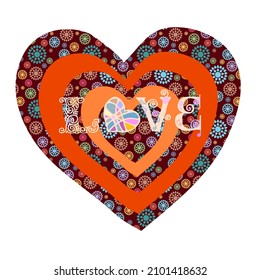 Sweet slogan Love with a patchwork heart isolated on white. Love month or singles day vector sticker.