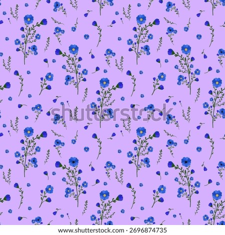 Sweet small wildflower seamless pattern vector background on a light lilac purple ground, featuring dainty blue botanical elements, perfect for delicate spring fabric, children's clothes.