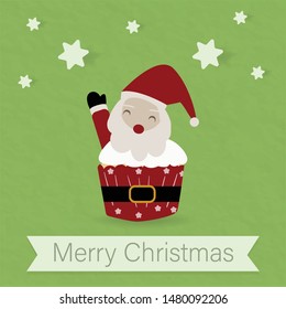 sweet smile santa cup cake red with belt and stars paper cut green background pastel card bakery product kawaii food new year celebration christmas season party banner merry joy holiday winter candy