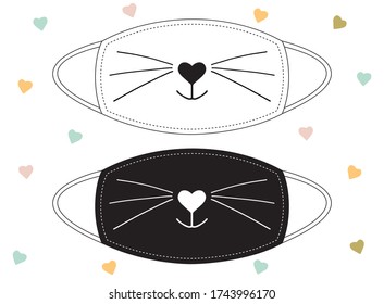 Sweet smiling cat snout black on white background and inverted. Nose in the form of a heart and a cat's mustache. Set of designs for decorating of textil fabric face masks or other clothes.