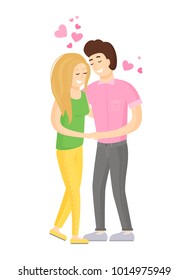 Sweet smiling couple hugging, young lovers embracing each other, hearts over them, boy and girl in love vector illustration isolated on white