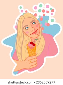 A sweet smiling girl with blonde hair and blue eyes holds a crunchy cone with a ball of cherry ice cream in her hand