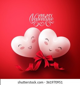 Sweet Smiling Hearts of Happy Lovers for Happy Valentines Day Greetings in Red Background with Ribbon. Vector Illustration
