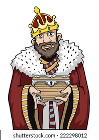 Sweet, smiling king character, with a treasure box in his hands, vector illustration