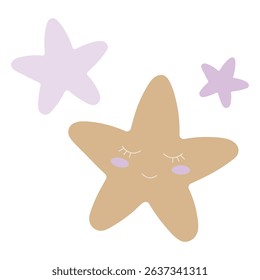 A sweet smiling star with closed eyes, surrounded by two small polar stars in soft pastel tones.