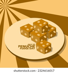 Sweet snack made of brown sugar and peanuts commonly called Penuche Fudge served on wooden plate with bold text on brown background to celebrate National Penuche Fudge Day on July 22