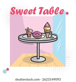 Sweet snack table setup. Vector illustration