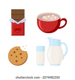 Sweet Snacks Collection. Flat Style. Chocolate, Coockie, Cacao and Milk. Winter Goodies Icons Set for logo, label; sticker, print, recipe, menu decor and decoration. Premium Vector