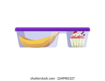 Sweet snacks in divided food container, banana and cupcake - flat vector illustration isolated on white background. Lunch box for kids with desserts. Food storage concept.