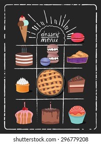 Sweet snacks on chalkboard. Menu or poster design.