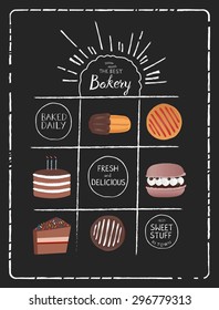 Sweet snacks on chalkboard. Menu or poster design.
