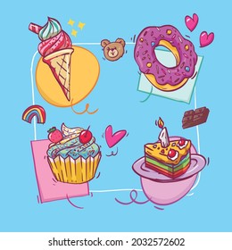 
süße Snacks super süße fröhliche Feier für Karte oder Banner mit doodle handgezeichnete vollfarbige Illustration