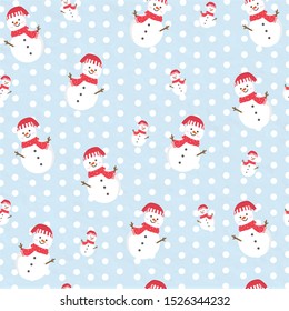 sweet snowman seamless on blue pastel paper background with dot.cute style design winter.red hat and scarf new year season merry christmas wallpaper.kawaii character pattern december.