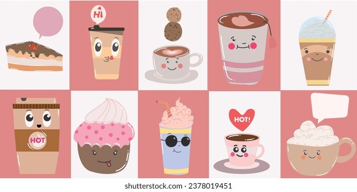 Sweet sober coffee drinks cartoon set vector isolated cappuccino, cocoa, latte, espresso and desserts