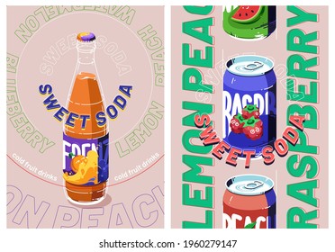 Sweet soda ad posters with bottle and tin can of lemon, raspberry or watermelon cold drinks. Fresh juice or fruit water advertisement campaign, beverage promo background, line art vector illustration